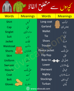 English Words in Urdu for Clothes and Dressing