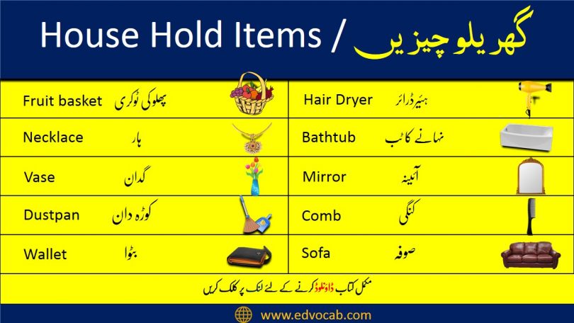 Household things name with Urdu and Hindi meanings